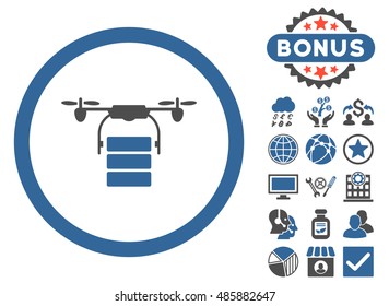 Cargo Drone icon with bonus pictures. Vector illustration style is flat iconic bicolor symbols, cobalt and gray colors, white background.