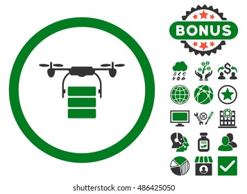 Cargo Drone icon with bonus pictures. Vector illustration style is flat iconic bicolor symbols, green and gray colors, white background.