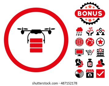 Cargo Drone icon with bonus pictures. Vector illustration style is flat iconic bicolor symbols, intensive red and black colors, white background.