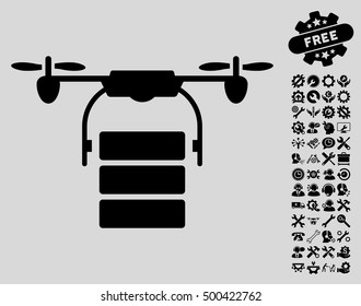 Cargo Drone icon with bonus settings icon set. Vector illustration style is flat iconic symbols, black color, light gray background.