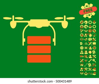 Cargo Drone icon with bonus settings graphic icons. Vector illustration style is flat iconic symbols, orange and yellow colors, green background.