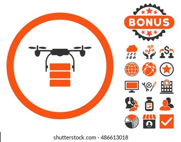 Cargo Drone icon with bonus symbols. Vector illustration style is flat iconic bicolor symbols, orange and gray colors, white background.