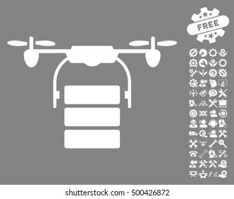 Cargo Drone icon with bonus tools graphic icons. Vector illustration style is flat iconic symbols, white color, gray background.