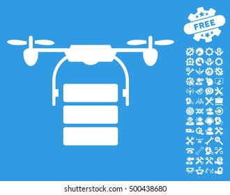 Cargo Drone icon with bonus tools symbols. Vector illustration style is flat iconic symbols, white color, blue background.