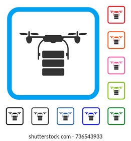 Cargo Drone icon. Flat grey pictogram symbol inside a light blue rounded squared frame. Black, gray, green, blue, red, orange color variants of Cargo Drone vector.