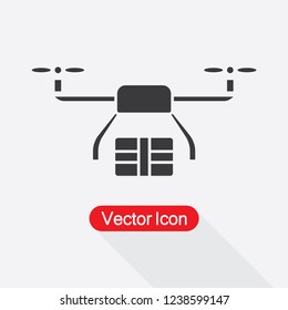 Cargo Drone Icon, Drone With Mail Pack, Copter Sign, Quadcopter Icon Vector Illustration Eps10