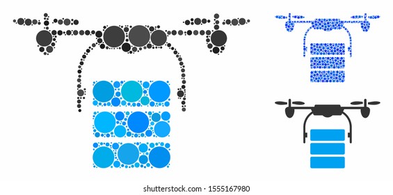 Cargo drone mosaic of filled circles in different sizes and color tones, based on cargo drone icon. Vector random circles are combined into blue collage.