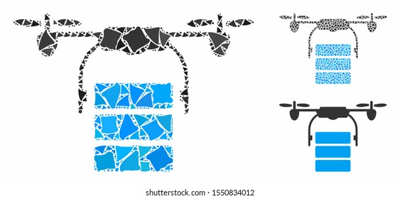 Cargo drone mosaic of irregular pieces in variable sizes and color tones, based on cargo drone icon. Vector tuberous pieces are composed into collage. Cargo drone icons collage with dotted pattern.