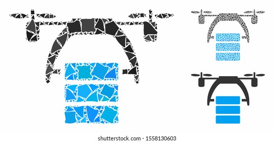 Cargo drone mosaic of rugged items in different sizes and color tinges, based on cargo drone icon. Vector abrupt dots are united into collage. Cargo drone icons collage with dotted pattern.