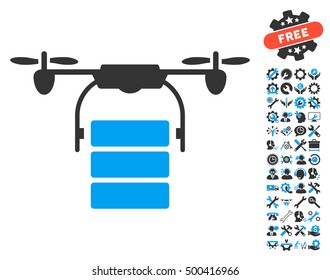 Cargo Drone pictograph with bonus service graphic icons. Vector illustration style is flat iconic symbols, blue and gray colors, white background.