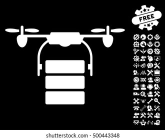 Cargo Drone pictograph with bonus setup tools graphic icons. Vector illustration style is flat iconic symbols, white color, black background.