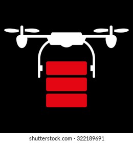 Cargo Drone vector icon. Style is bicolor flat symbol, red and white colors, rounded angles, black background.