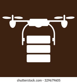 Cargo Drone vector icon. Style is flat symbol, white color, rounded angles, brown background.