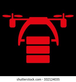 Cargo Drone vector icon. Style is flat symbol, red color, rounded angles, black background.