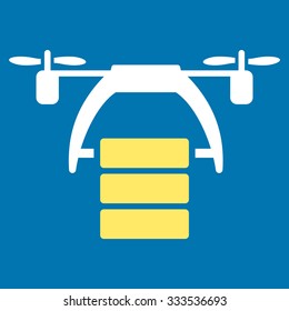 Cargo Drone vector icon. Style is bicolor flat symbol, yellow and white colors, rounded angles, blue background.
