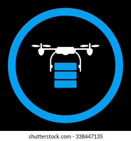 Cargo Drone vector icon. Style is bicolor flat rounded symbol, blue and white colors, rounded angles, black background.