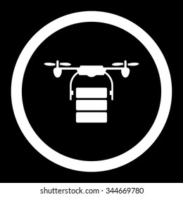Cargo Drone vector icon. Style is flat rounded symbol, white color, rounded angles, black background.
