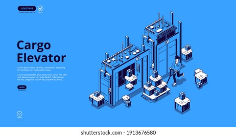 Cargo elevator isometric landing page. Worker character with boxes on manual trolley use freight lift. Man with parcels pile enter open doors in industrial center or mall 3d vector line art web banner