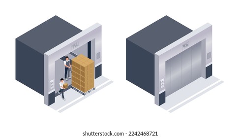 Cargo elevator with opened and closed automatic wide sliding doors isometric set isolated vector illustration