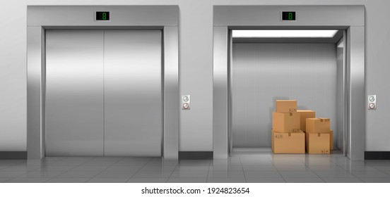 Cargo elevators with closed and open doors in hallway. Vector realistic empty modern interior with lifts, cardboard boxes in cabin, metal panel with buttons and floor display on wall