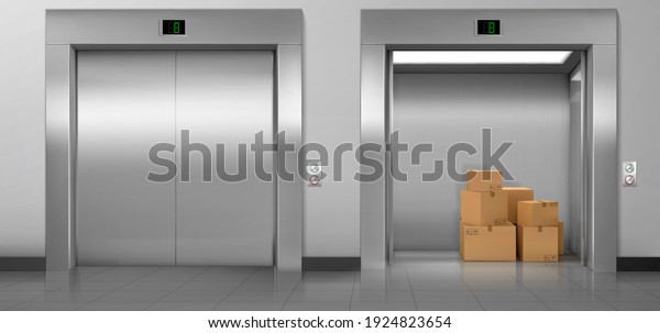 Cargo
elevators with closed and open doors in hallway. Vector realistic
empty modern interior with lifts, cardboard boxes in cabin, metal
panel with buttons and floor display on
wall
