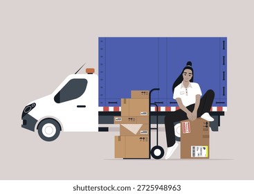A cargo expeditor is sorting and organizing packages next to a white delivery van in an urban setting, The scene captures the hustle of logistics work during the day.