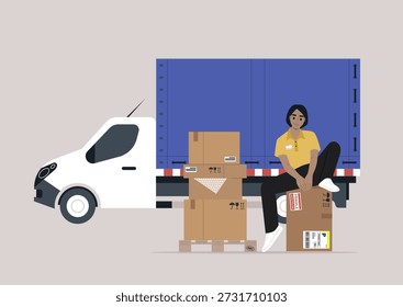 A cargo expeditor is sorting and organizing packages next to a white delivery van in an urban setting, The scene captures the hustle of logistics work during the day.