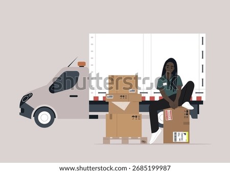 A cargo expeditor is sorting and organizing packages next to a white delivery van in an urban setting, The scene captures the hustle of logistics work during the day.