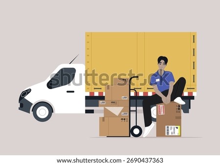 A cargo expeditor is sorting and organizing packages next to a white delivery van in an urban setting, The scene captures the hustle of logistics work during the day.
