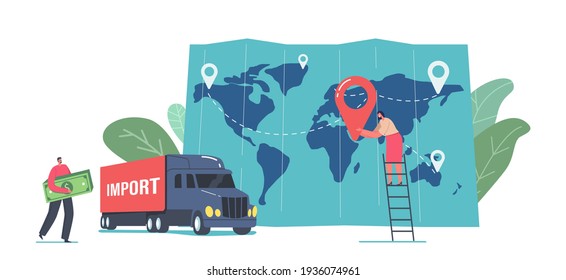 Cargo Export and Import, Logistics Concept. Tiny Business Man Character Carry Huge Money Bills near Freight Truck and Huge Map with Woman Put Destination Point. Cartoon People Vector Illustration