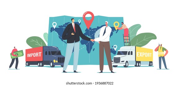 Cargo Export and Import, Logistics Concept. Business Partners Characters Shaking Hands near Freight Trucks and Huge Map with Destination Point, Workers and Clients. Cartoon People Vector Illustration