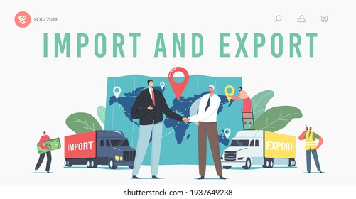 Cargo Export and Import, Logistics Landing Page Template. Business Characters Shaking Hands near Trucks and Huge Map with Destination Point, Workers and Clients. Cartoon People Vector Illustration