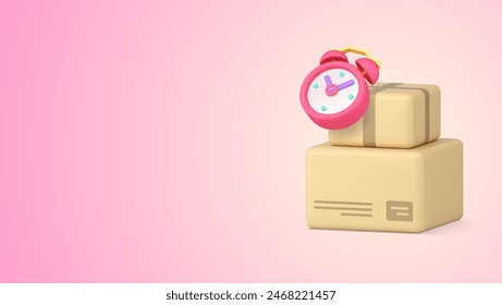 Cargo express delivery logistic service postal parcel package transportation 3d icon realistic vector illustration. Freight fast shipping cardboard box alarm clock time countdown courier distribution