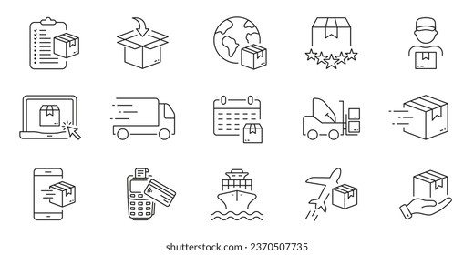 Cargo Fast Delivery Line Icon Set. Distribution and Logistic Linear Pictogram. Parcel Package Express Transportation Outline Symbol. Online Shopping. Editable Stroke. Isolated Vector Illustration.