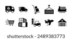 Cargo flat icon set. Containing package shipping truck, fast delivery, handcart, cart, plane, container, warehouse or storage, forklift. Vector illustration
