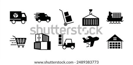 Cargo flat icon set. Containing package shipping truck, fast delivery, handcart, cart, plane, container, warehouse or storage, forklift. Vector illustration