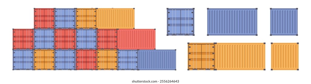 Cargo and freight boxes and containers for export and import of goods. Vector oversea shipments and express delivery of bulky items. Transportation and logistics services for small and large business