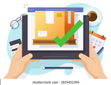 Frachtfrachtbestellung wurde online auf digitalen Tablet, Internet-Paket Paketpost mit elektronischem Prüfzeichen auf PC-Bildschirm-Flachkartoon Vektorgrafik geliefert