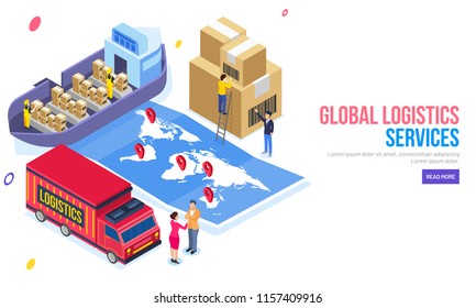 Cargo freight through ship, isometric delivery truck with map and delivery boxes illustration for Global Logistics Services web template design.