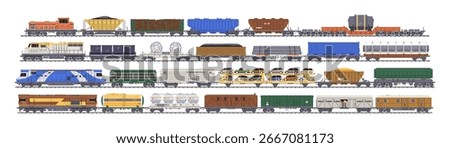 Cargo and freight train wagons set. Railway carriage, rail transport. Diesel locomotive, tanker, platform and hopper car, cistern for shipment. Flat vector illustrations isolated on white background