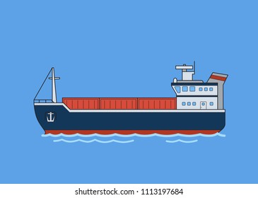 Cargo freighter boat. Flat vector illustration. Isolated on blue background