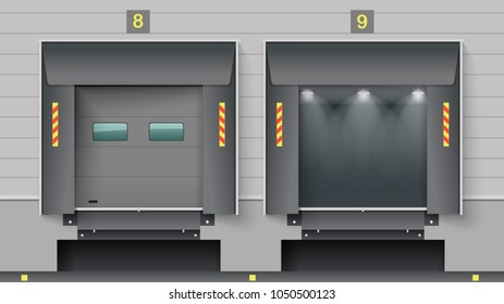 The cargo gate of a warehouse or a logistics center. Unloading ramp trucks. Vector graphics.