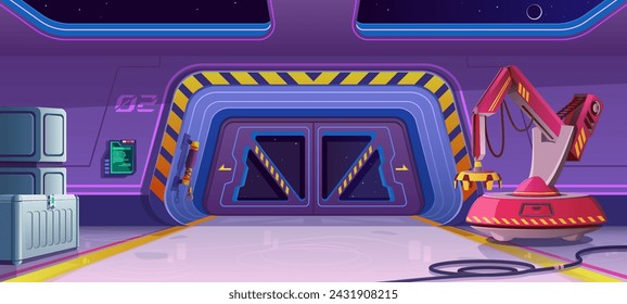 Cargo gateway of a spacecraft or orbital station. Cartoon spaceship interior. A tunnel to a cargo gate, a winch with a hook, a cargo robot crane with a manipulator arm, metal boxes. Cargo delivery.