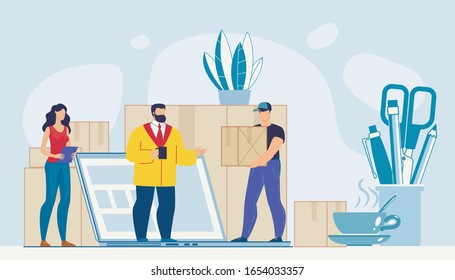 Cargo Goods Delivery to Office Online Service Advertisement. Boss Chief and Assistant Speaking with Courier. Deliveryman Carrying Large Parcel Box. People Working with Shipment Parcels on Huge Laptop