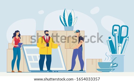 Cargo Goods Delivery to Office Online Service Advertisement. Boss Chief and Assistant Speaking with Courier. Deliveryman Carrying Large Parcel Box. People Working with Shipment Parcels on Huge Laptop