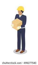 Cargo Handler in yellow helmet with container isolated. Dock worker responsible for loading, unloading, sort and handle freight on trailers in safe and timely manner. Delivery service man icon. Vector