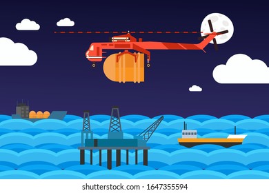 Cargo helicopter carries barrel to offshore oil rig, vector illustration. Industrial aircraft in flat cartoon style, cargo ships in ocean. Offshore oil pump platform, gas supply logistic network