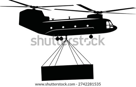Cargo Helicopter Silhouette Lifting Container – Heavy Lift Transport Vector Illustration