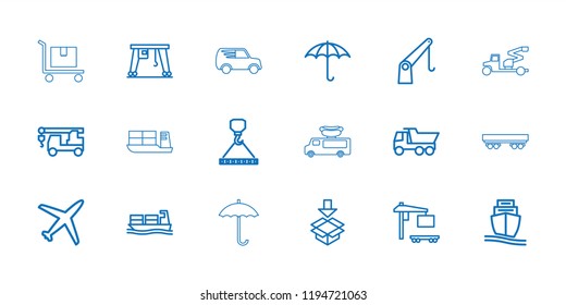 Cargo icon. collection of 18 cargo outline icons such as truck, truck with hook, plane, box, crane, van. editable cargo icons for web and mobile.