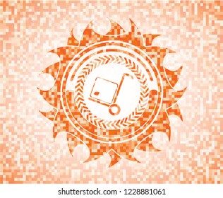 cargo icon inside abstract emblem, orange mosaic background